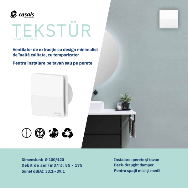 Extractor Axial Premium Tekstur 100 T Casals – 90 m³/h, Timer Integrat și Panou Texturat Dublu